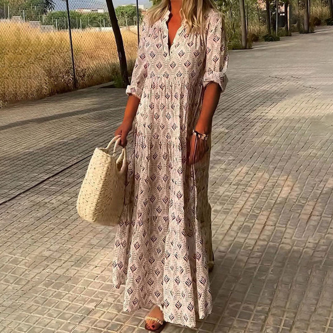 Yvonne | Damen Langarm Sommer Boho Print Kleid
