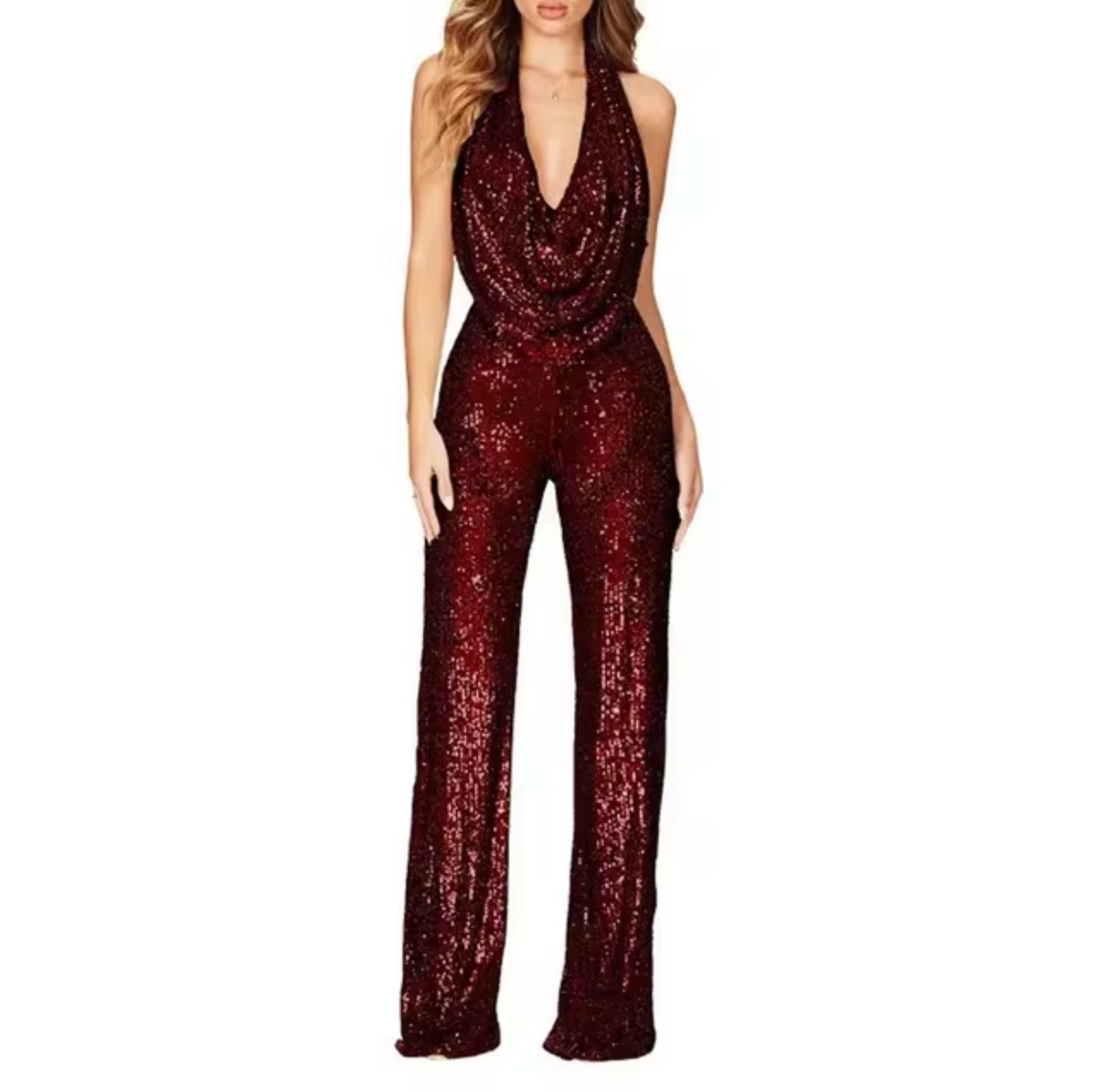 Natalie | Damen Pailletten Halter-Neck Jumpsuit