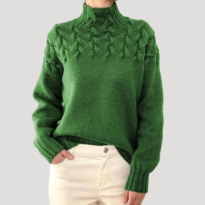 Elisa | Damen Frühlings Strickpullover mit Zopfmuster und hohem Kragen
