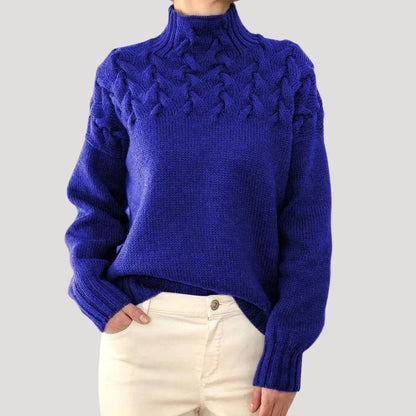 Elisa | Damen Frühlings Strickpullover mit Zopfmuster und hohem Kragen