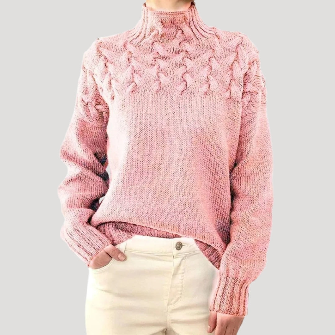 Elisa | Damen Frühlings Strickpullover mit Zopfmuster und hohem Kragen