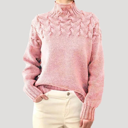 Elisa | Damen Frühlings Strickpullover mit Zopfmuster und hohem Kragen