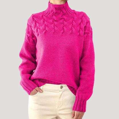 Elisa | Damen Frühlings Strickpullover mit Zopfmuster und hohem Kragen