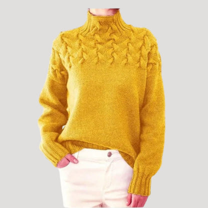 Elisa | Damen Frühlings Strickpullover mit Zopfmuster und hohem Kragen