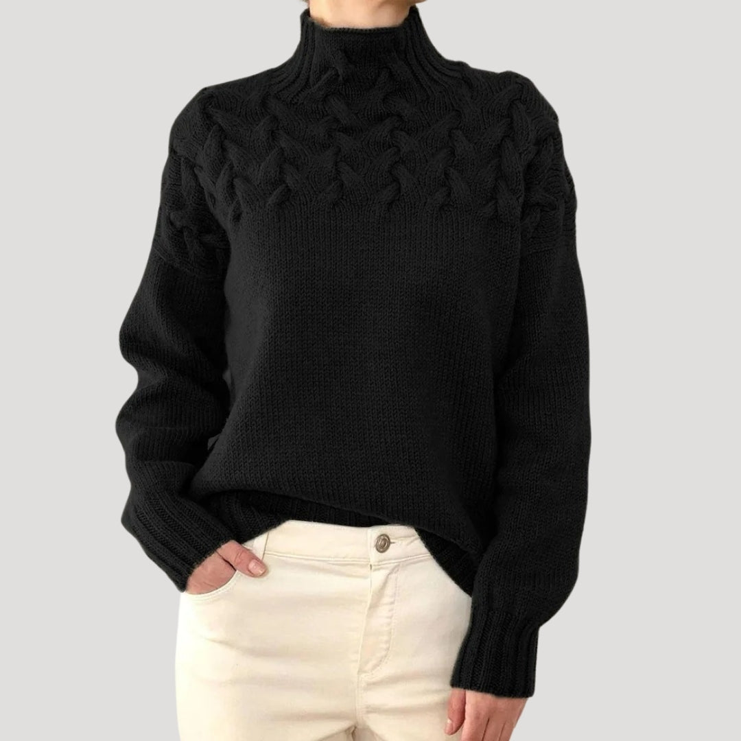 Elisa | Damen Frühlings Strickpullover mit Zopfmuster und hohem Kragen