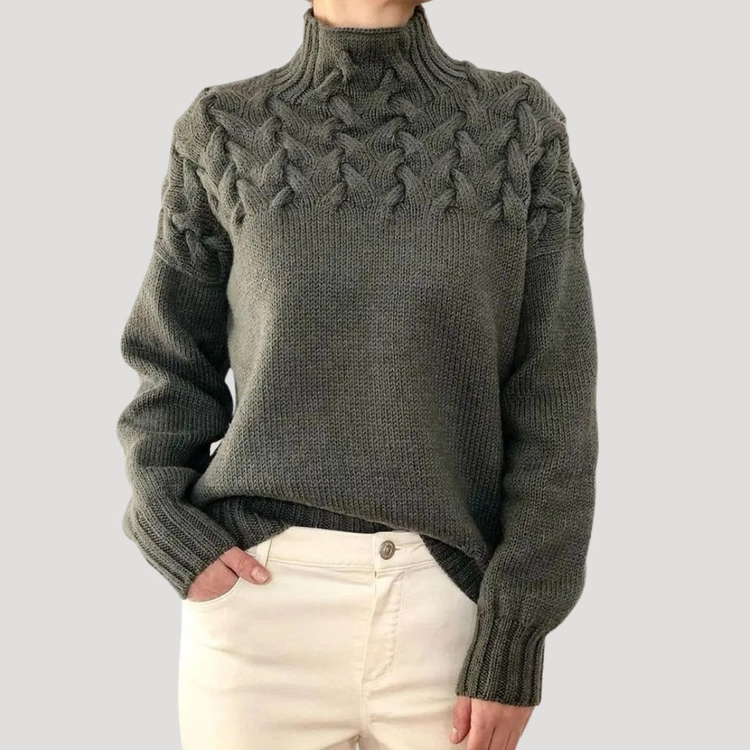 Elisa | Damen Frühlings Strickpullover mit Zopfmuster und hohem Kragen