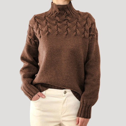 Elisa | Damen Frühlings Strickpullover mit Zopfmuster und hohem Kragen