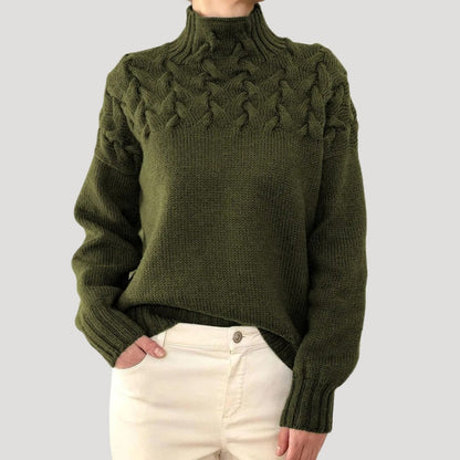 Elisa | Damen Frühlings Strickpullover mit Zopfmuster und hohem Kragen