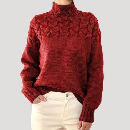 Elisa | Damen Frühlings Strickpullover mit Zopfmuster und hohem Kragen