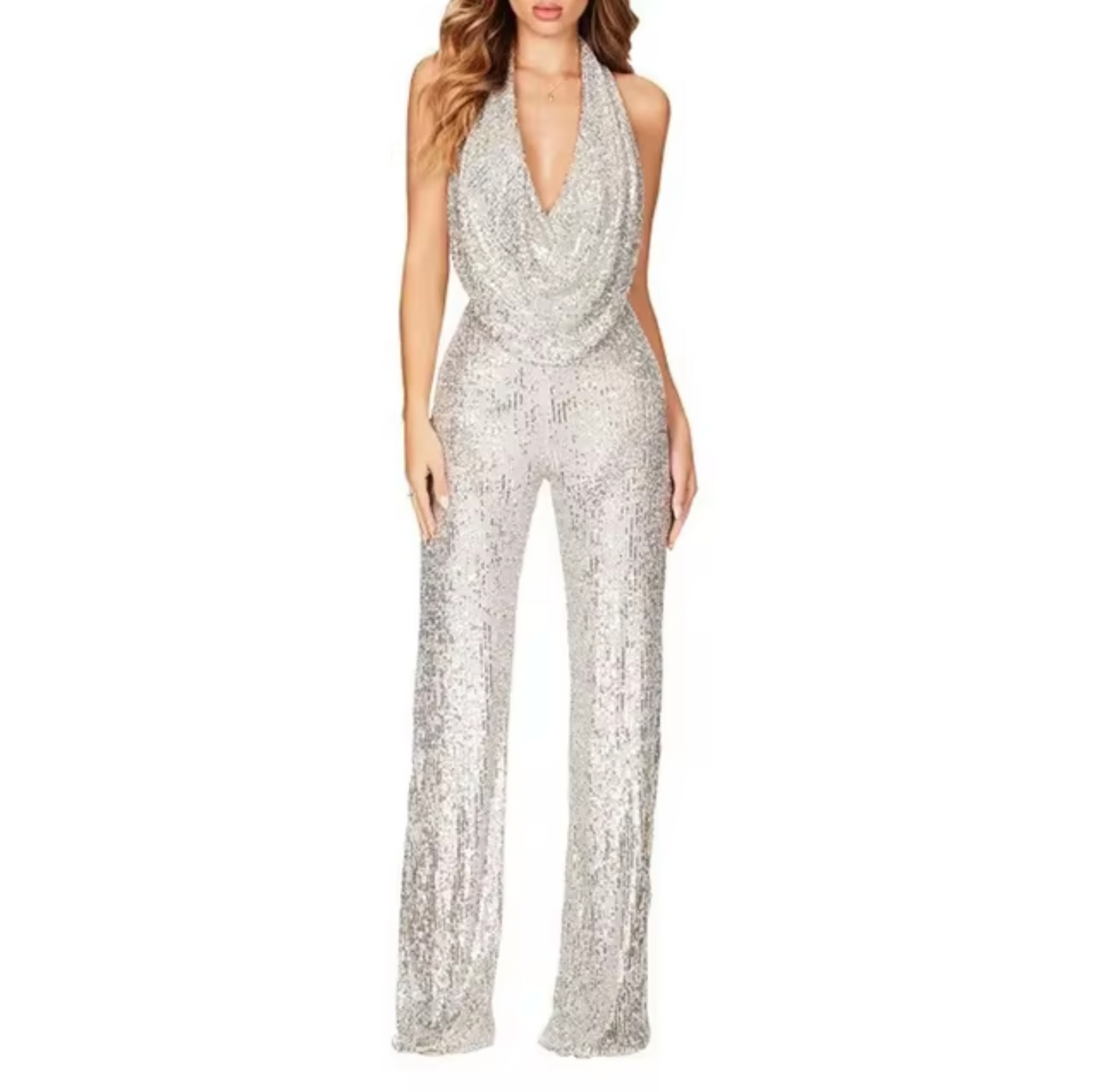 Natalie | Damen Pailletten Halter-Neck Jumpsuit