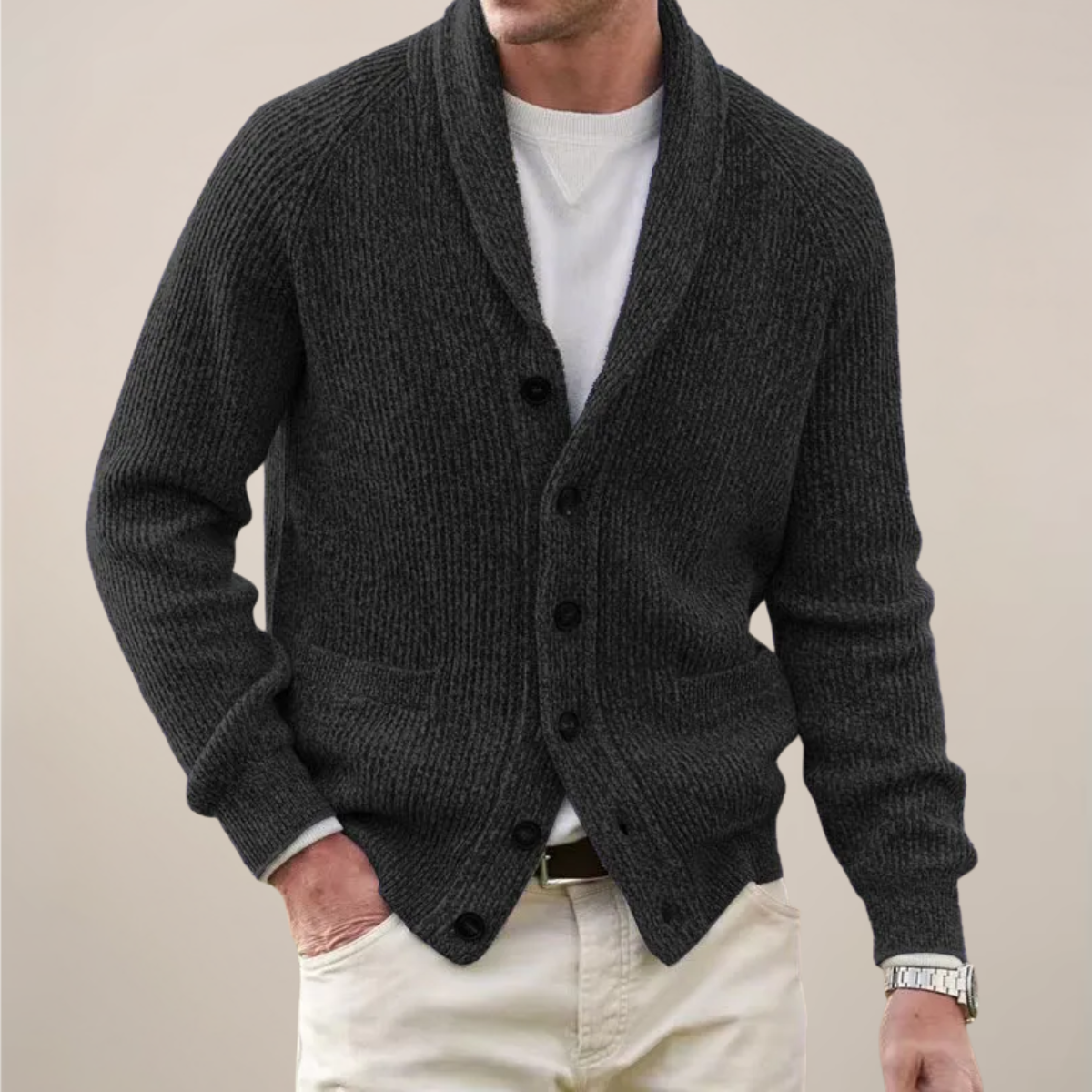 Stefan | Herren Frühjahrs Strickjacke mit Schalkragen und Knopfleiste