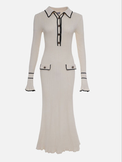 Sandra | Damen Frühlings-Rippstrick-Midikleid mit Knöpfen