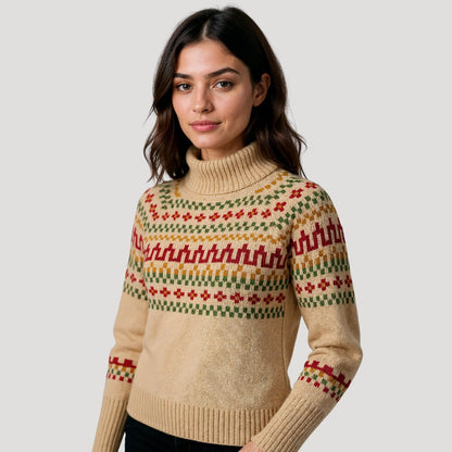 Kathrin | Damen Frühlingsgemusterter Rollkragen-Strickpullover