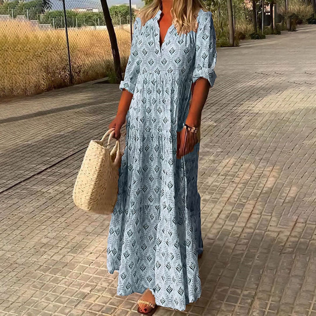 Yvonne | Damen Langarm Sommer Boho Print Kleid