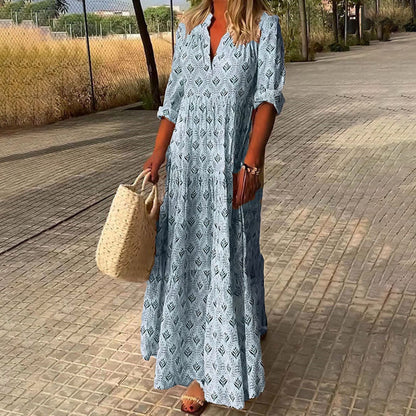 Yvonne | Damen Langarm Sommer Boho Print Kleid