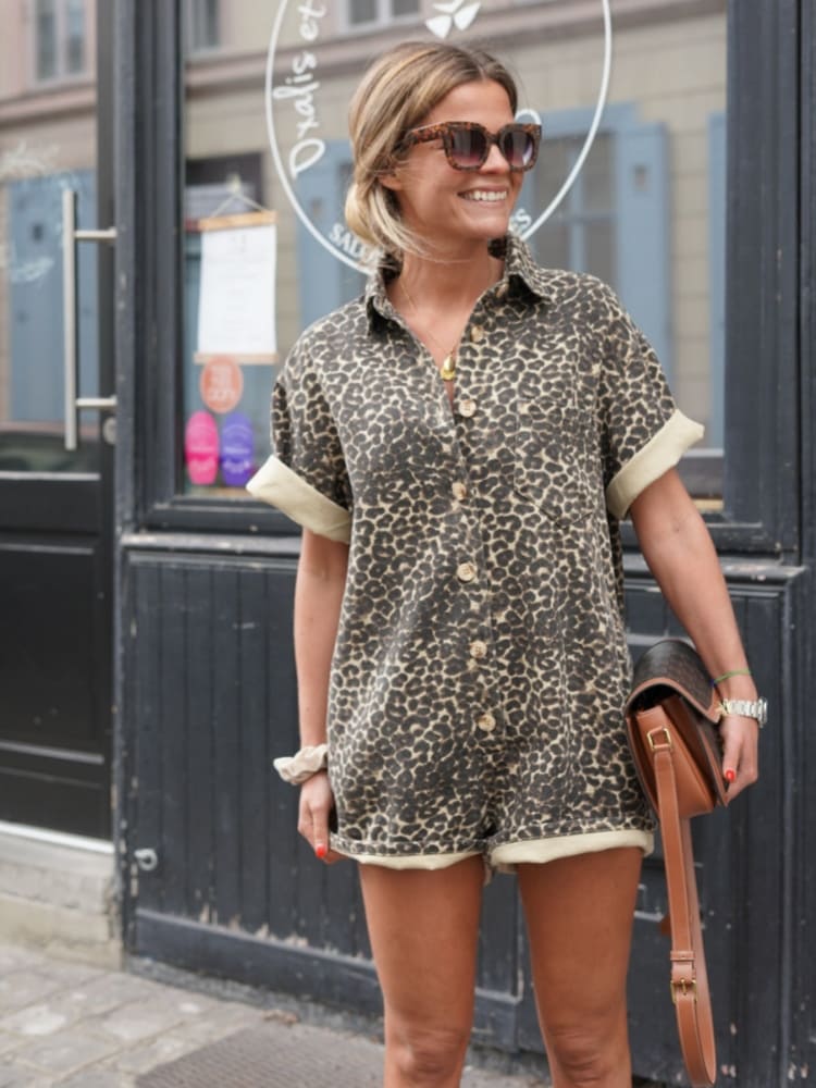 Selina | Damen Leopard Print Casual Shirt Romper