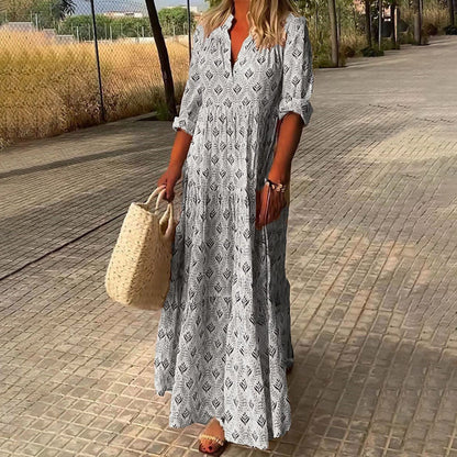 Yvonne | Damen Langarm Sommer Boho Print Kleid