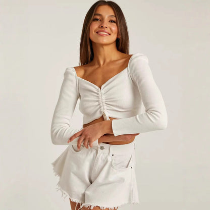 Irina | Damen Frühlings Langarmtop mit Rafffront