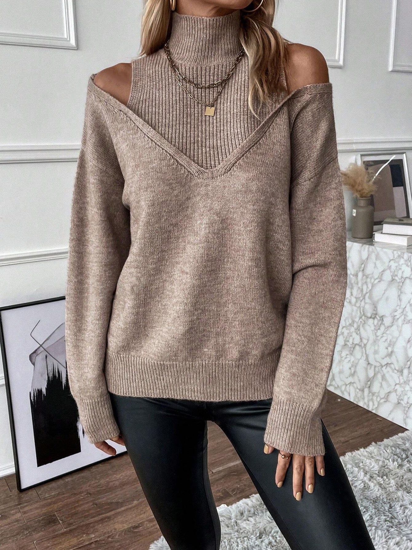 Theo | Damen Frühlings Rollkragenpullover mit Cut-Out-Schultern