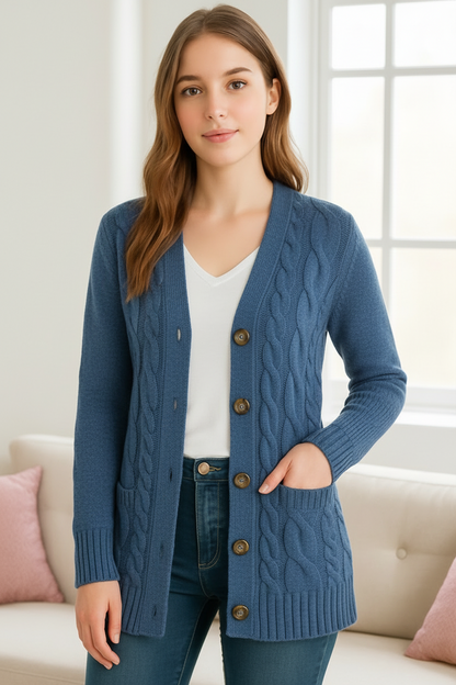 Christa | Damen Frühling Zopfmuster Strick-Cardigan